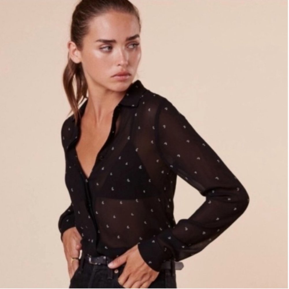Reformation Black Sheer Button-Up Blouse with Subtle White Dot Print